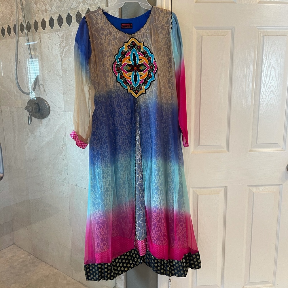 Womens desi Indian Pakistani kameez and trouser suit outfit size medium 2pc
